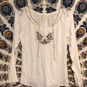 60s/70s boho white hippie blouse flower embroidery